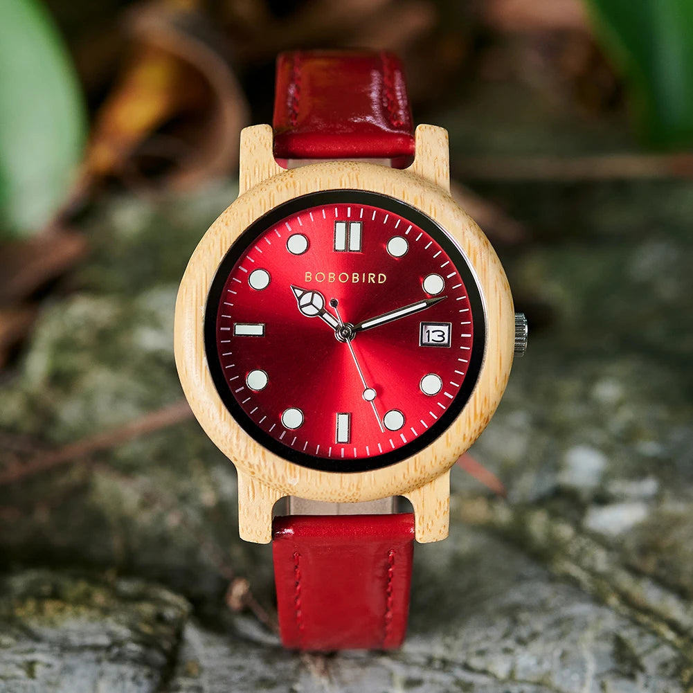 Bobo bird women’s bamboo watch with genuine leather strap – natural lightweight ladies wristwatch elegant fashion gift