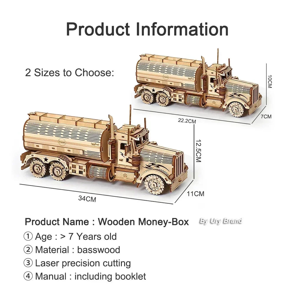 Diy 3d wooden puzzles money box piggy bank fuel truck model building block kits assembly jigsaw toy gift for children