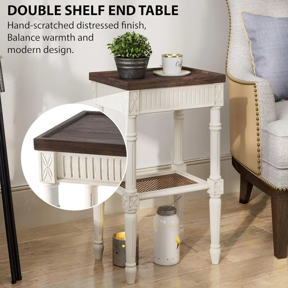Rustic farmhouse cottagecore accent end table distressed side with espresso tray top and woven wicker shelf boho,