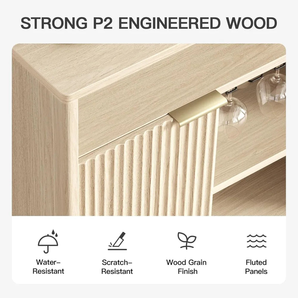 Modern coffee bar cabinet with storage fluted wood buffet sideboard wine and glass rack liquor adjustable