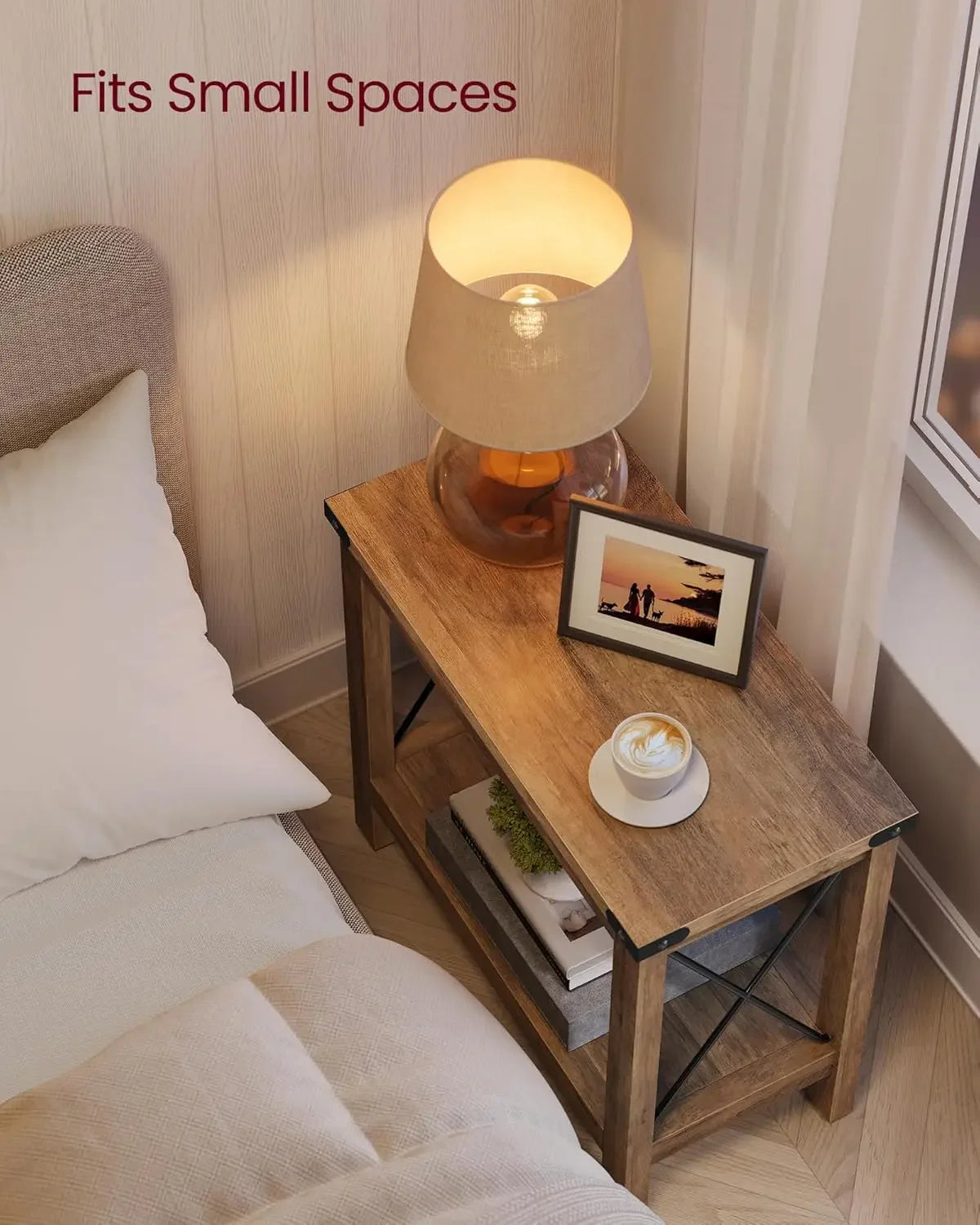 2-tier end table side with bottom shelf nightstand for small spaces,for living room,bedroom,farmhouse style,honey brown