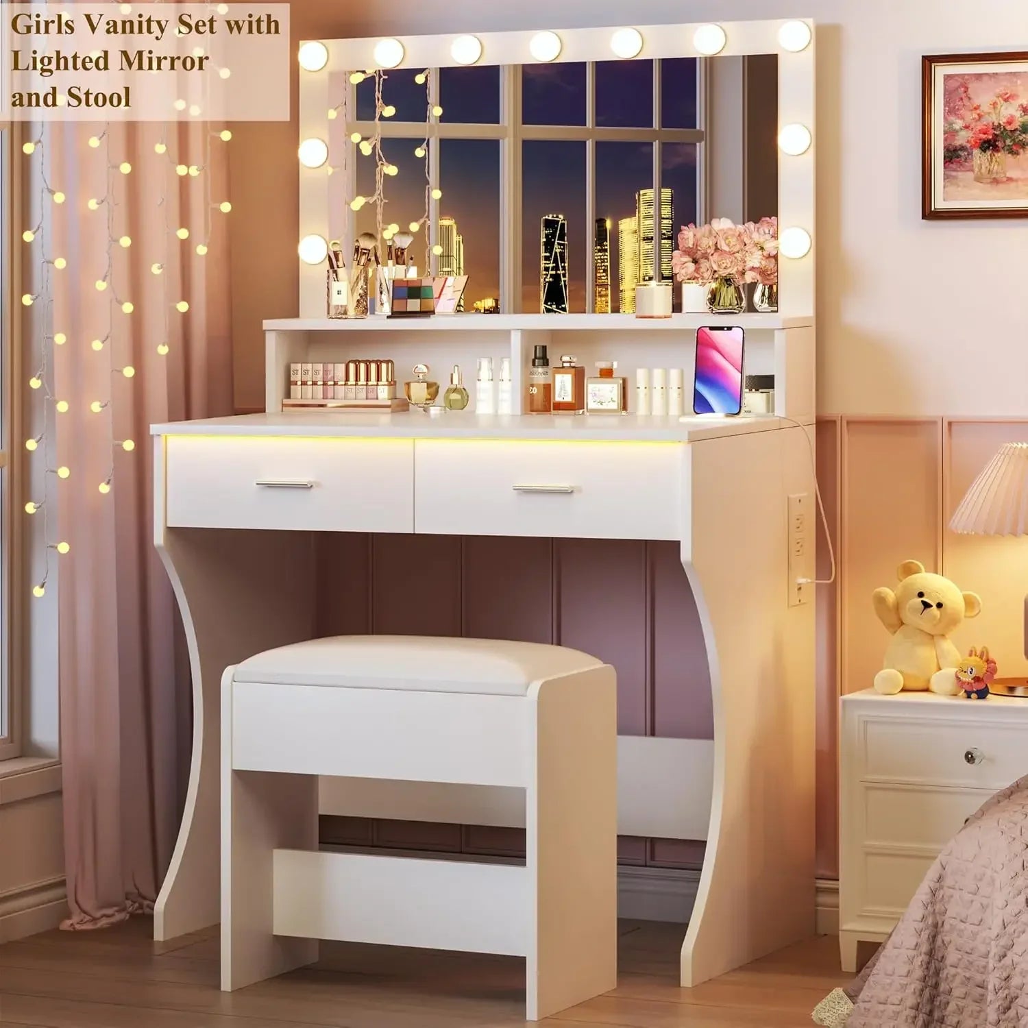 [limited time offer clearance! ]vanity desk with mirror and lights small makeup vanity chair rgb white - united states