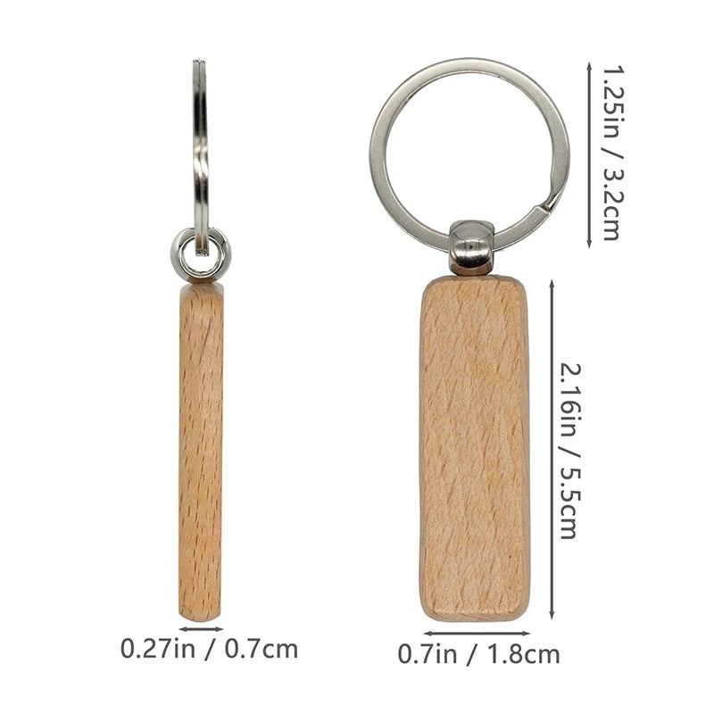 50pcs rectangle car blank chain gifts anti lost keychain natural wood key ring - slender rectangle