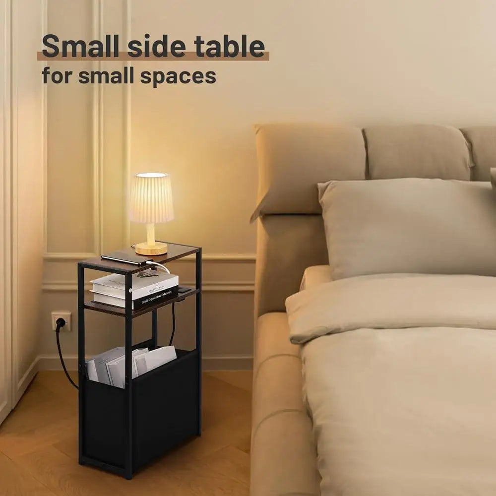 Narrow side table with charging station usb ports storage bag 3-tier slim end living room bedroom space saving - united