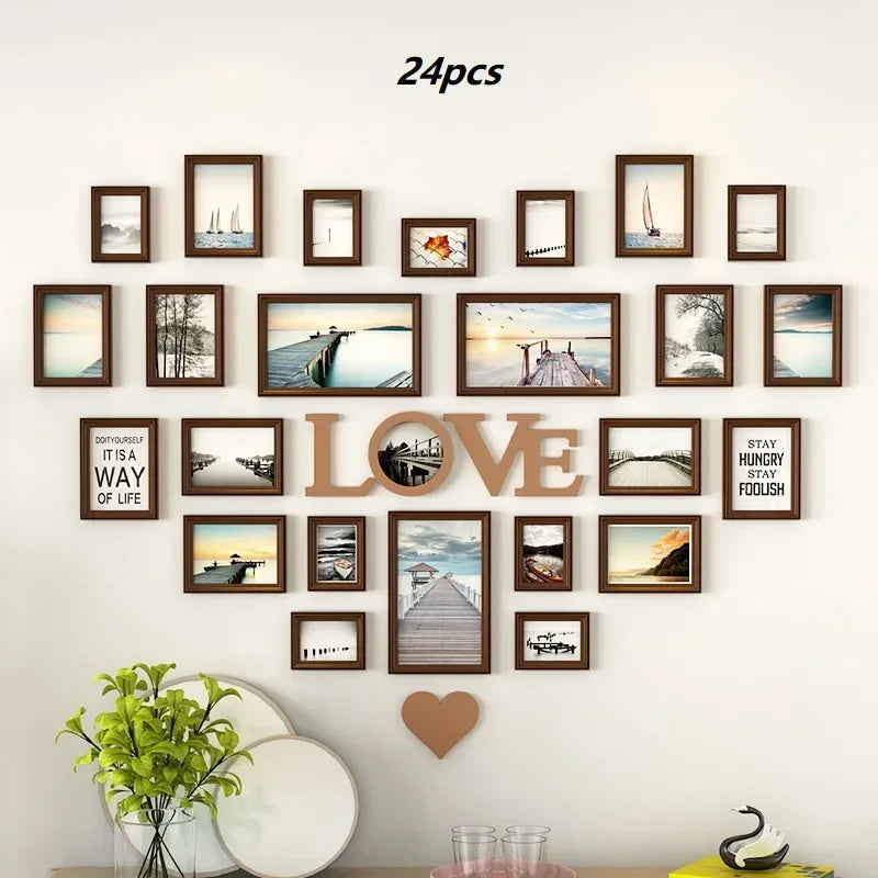 Solid wood heart-shaped photo wall decor frame creative love album background set stylish art unique picture display
