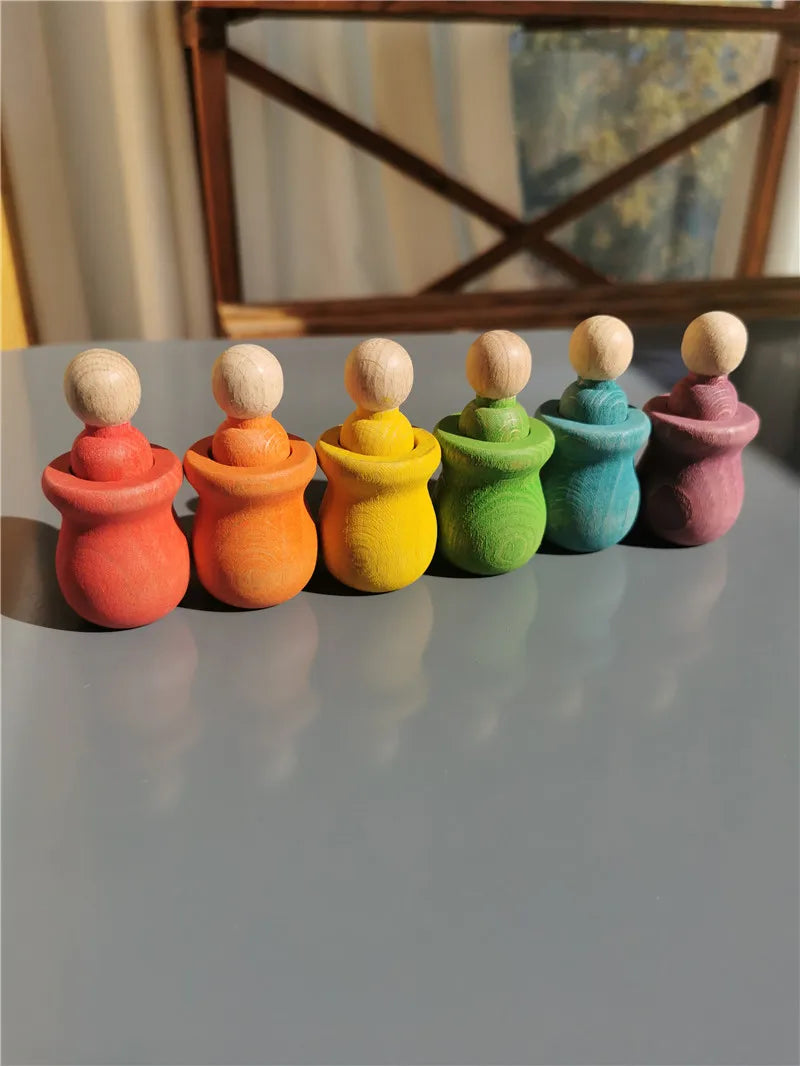 Rainbow wood peg dolls with cups handmade stain stacking people in bowls for kids open-ended play - rainbow 6 - game