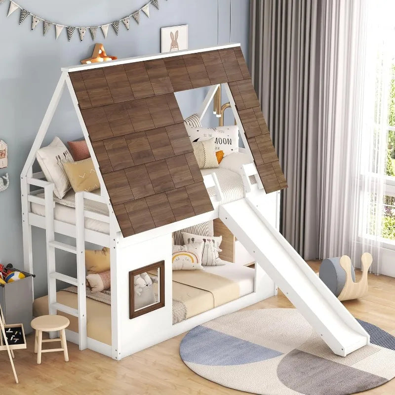 Twin over house bunk bed frame with roof,window,ladder and slide for boys girls white & brown home kitchen - united