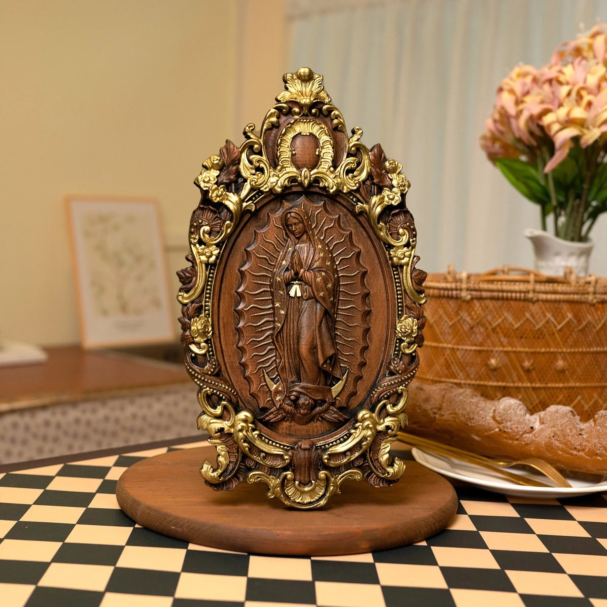 High quality religious wood carving virgin mary statue madonna catholic family church wall decor - gold / 25x14.5x1.8cm