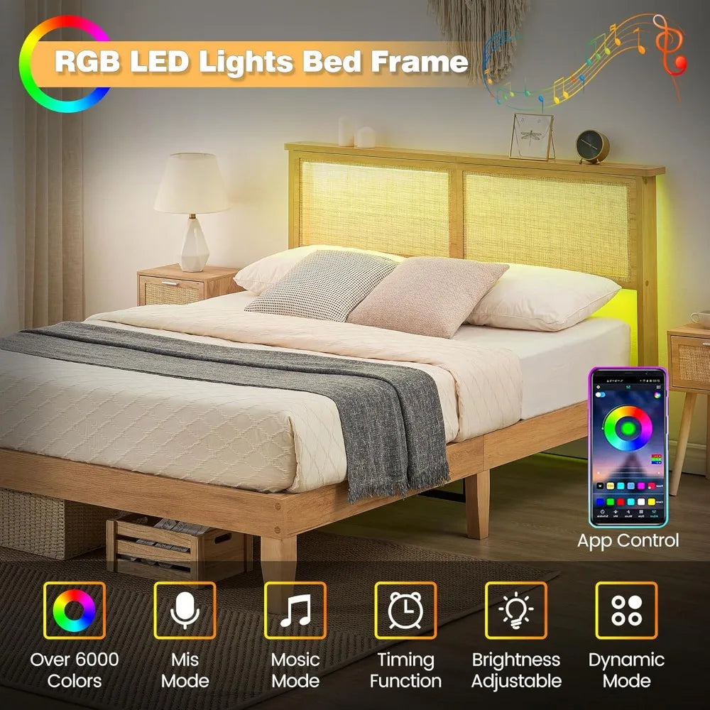 Full bed frame with natural rattan headboard and led lights metal platform strong wooden slats support boho cane - oak