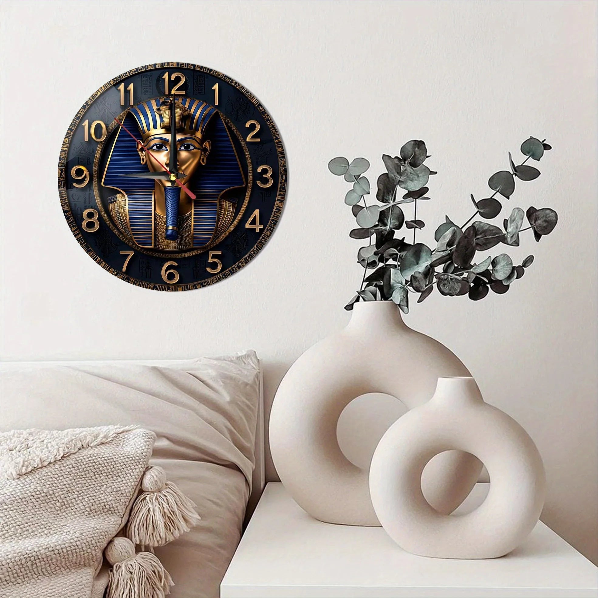 Wooden wall clock with an ancient egyptian pharaoh pattern perfect for home decor. Runs on aa batteries