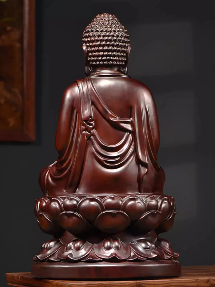 Classical ebony wood and rosewood carvings decorations of buddha offering the statue shakyamuni at home - religious