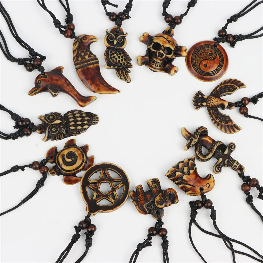 20pcs/lot vintage punk style wooden necklace owl turtle men women beaded pendant choker sweater dress neck jewelry