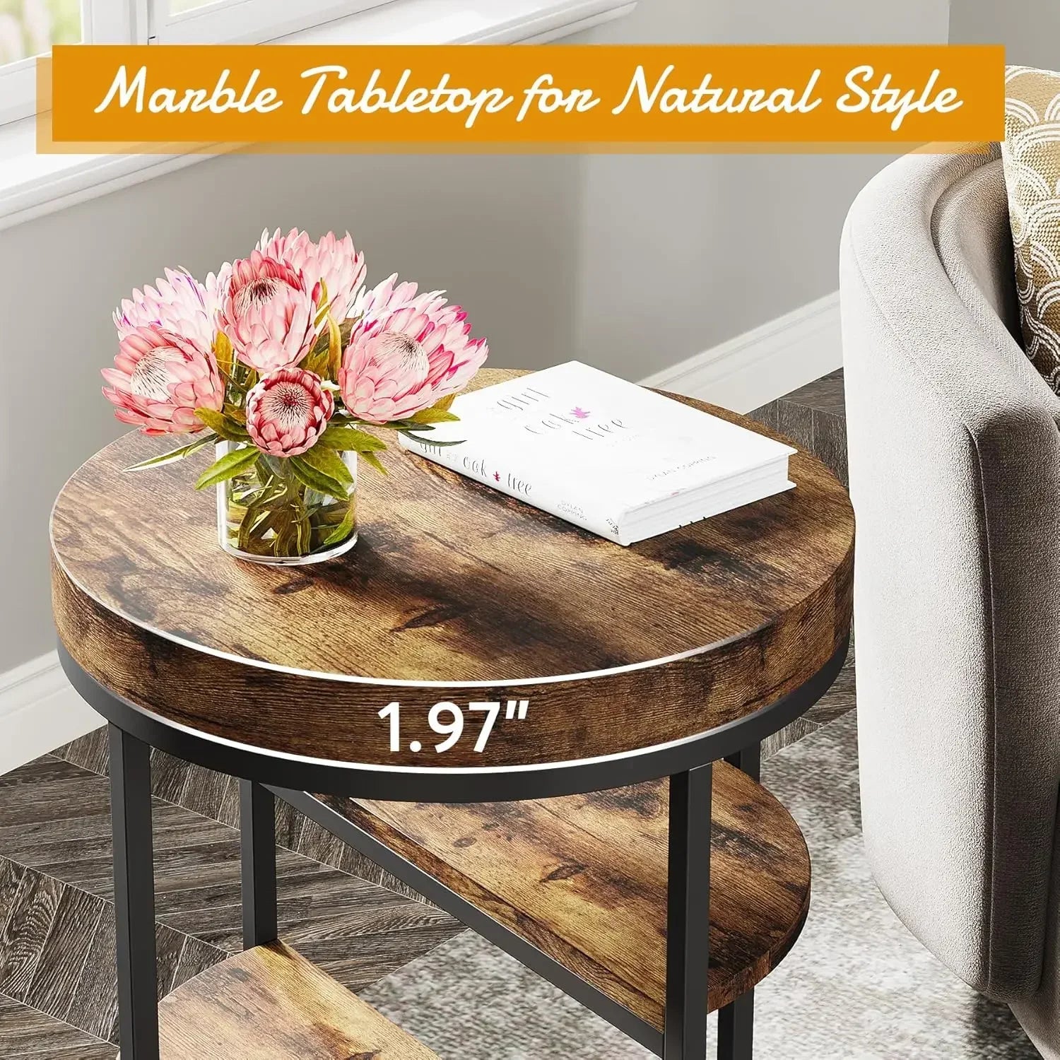 Round end table small with 3 storage shelves wood side for spaces industrial sofa living - united states