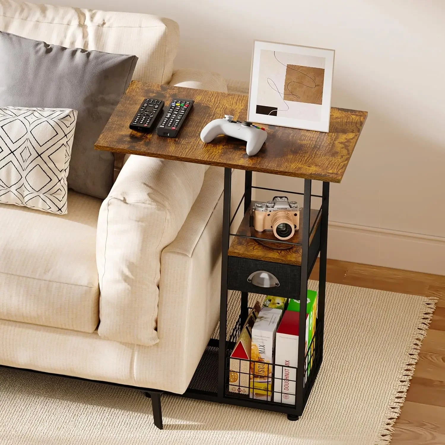 Rolling side table with wheels for sofa c shaped end tables living room bedside drawer - united states