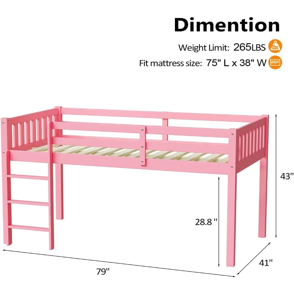 Solid wood bed frame twin size princess for adults kids space saving loft - united states