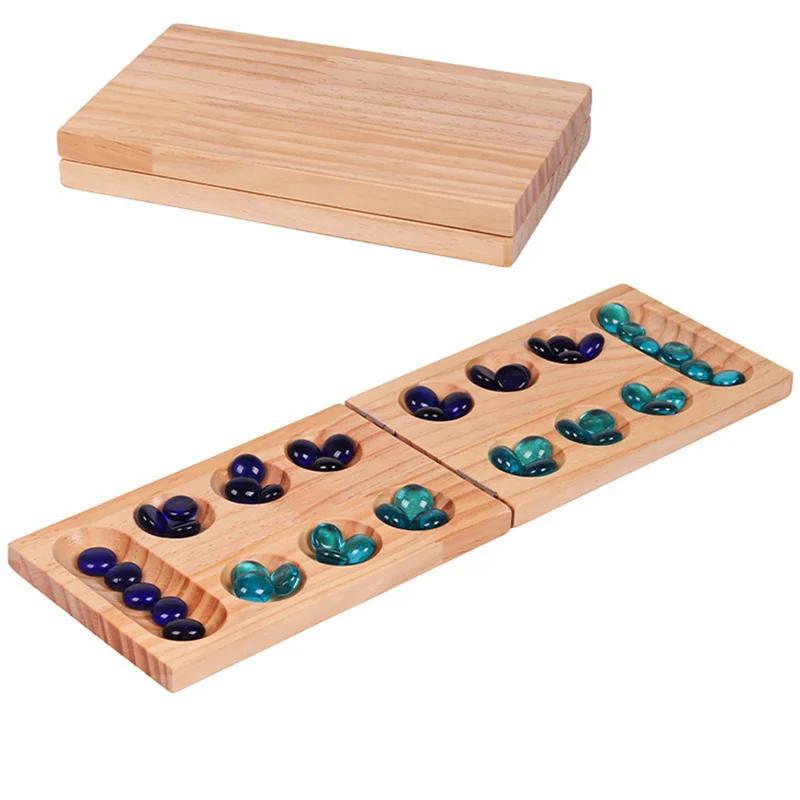 B78b-foldable wooden mancala board game for ages 7+ multi-color beads classic strategy family party and travel