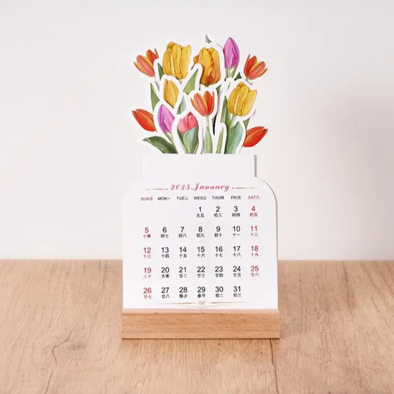 Bloomy flower desk calendar wooden frame creative mini decorative ornaments notebook supplies 2025