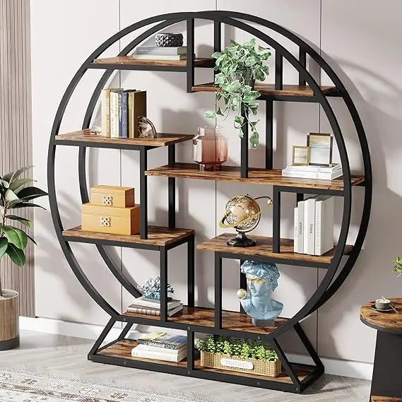 Bookshelf round bookshelves etagere bookcase 63 inch industrial wood book shelf with staggered shelves rustic open