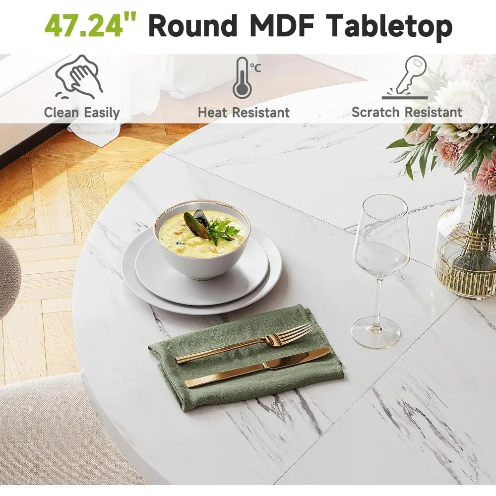 Modern circular wooden dining table for 4-6 47.24’’ diameter with faux marble top and gold base - united states / white