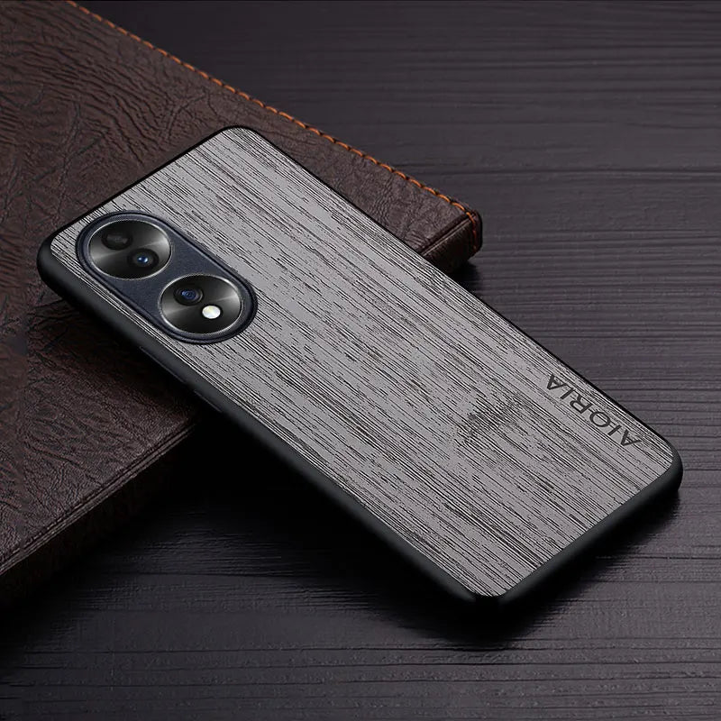 Case for honor 70 5g funda bamboo wood pattern leather phone cover luxury coque huawei honor case capa - light gray