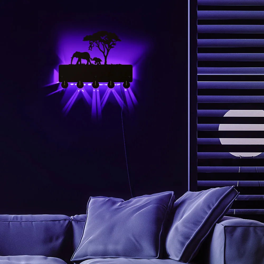 Elephant family handicraft wooden wall decor hanging key holder decorative organizer rack with 5 hooks