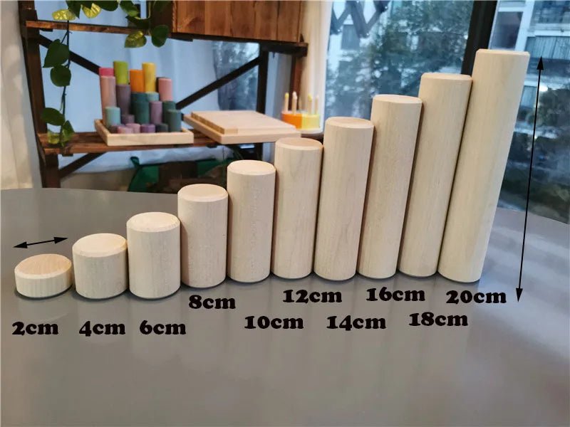 Kids large wood building rollers pastel blocks stain lime stacking cylinders forest trees rings educational creative