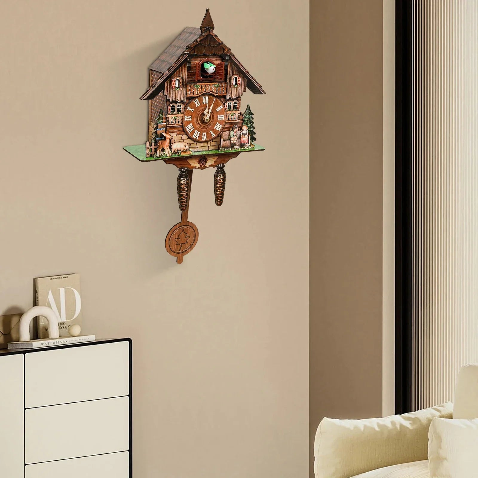 Multi-color wooden cuckoo clock modern house shape auto night silence battery operated wall for living room bedroom