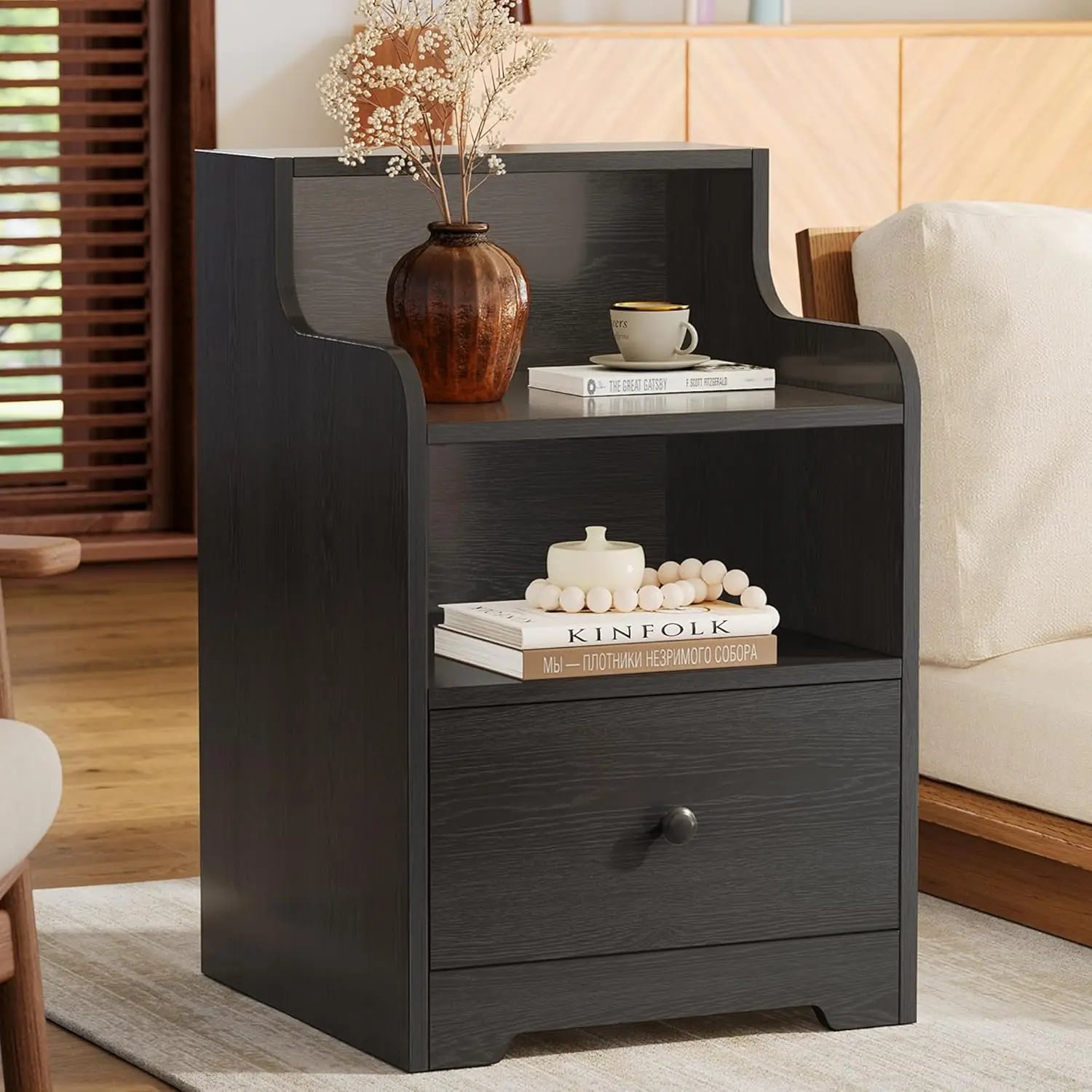 Nightstand with drawer and open shelf bedside table hutch modern end storage for bedroom - black / united states