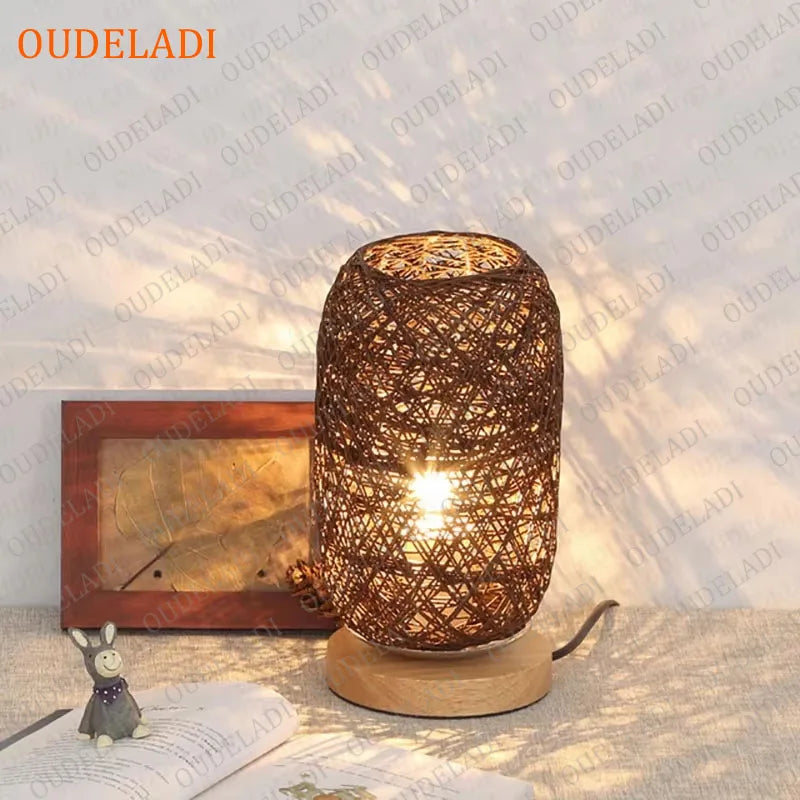 Oudeladi wooden base rattan twine table lamp home decor living room bedroom bedside desk night light usb and eu plug