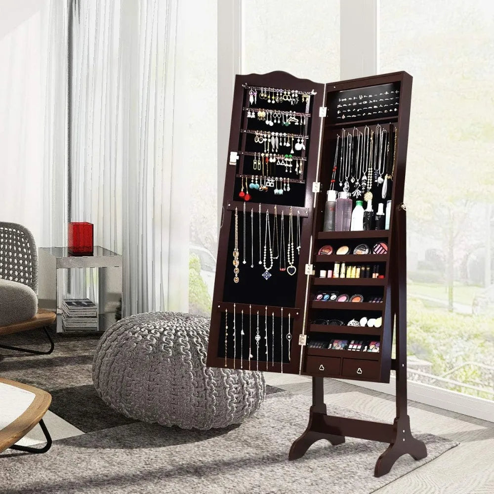 Floor standing jewelry armoire with mirror and led lighting 14 lights 2 drawers adjustable shelves - united states