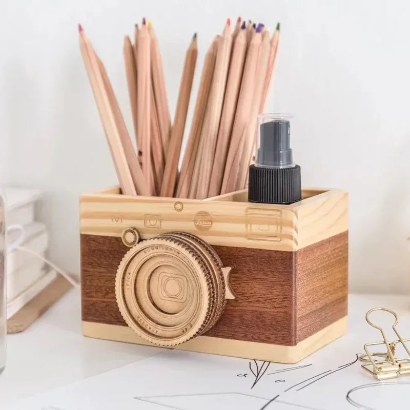 pencil-holder-camera-shaped-concise-wood-especial-pen-container-for-office