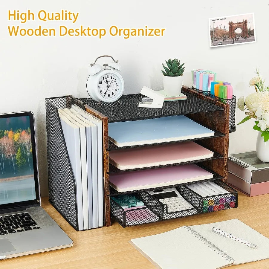 Wood desk organizers and accessories with file organizer 5-tier paper drawer pen holder for efficient office wor