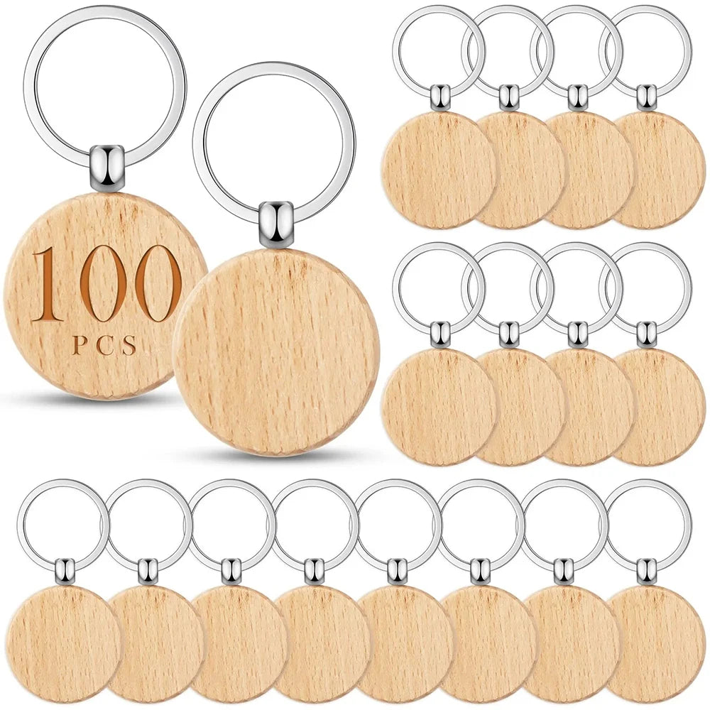 100pcs wood blanks keychain key chain square shaped wooden keychains for diy gift craft supplies - round with ring