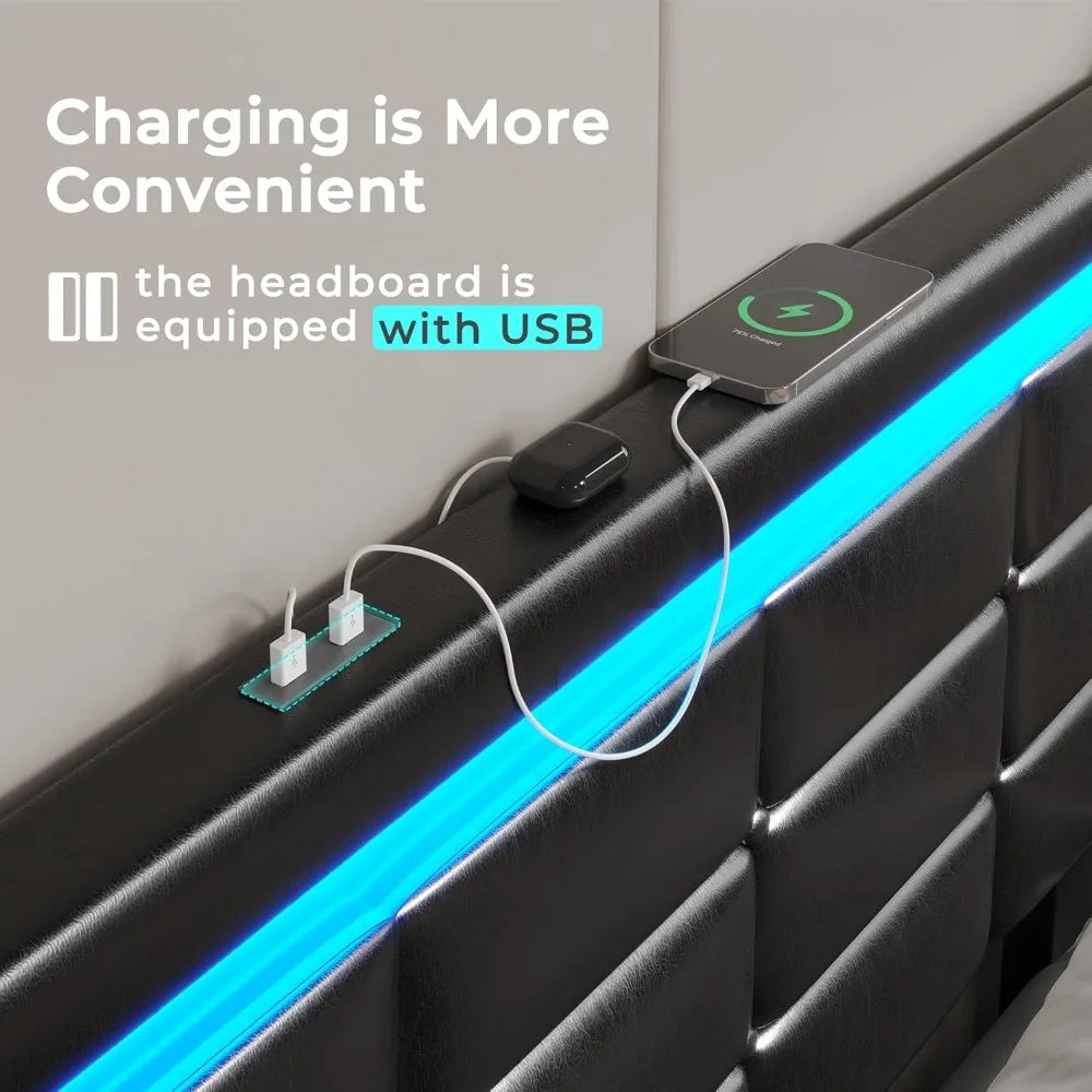 Adorneve queen bed frame with led lights leather platform storage drawers and charging station siz