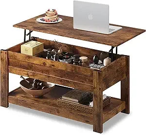 Rustic brown 39 lift-top coffee table with secret compartment and storage shelf for living room - united states