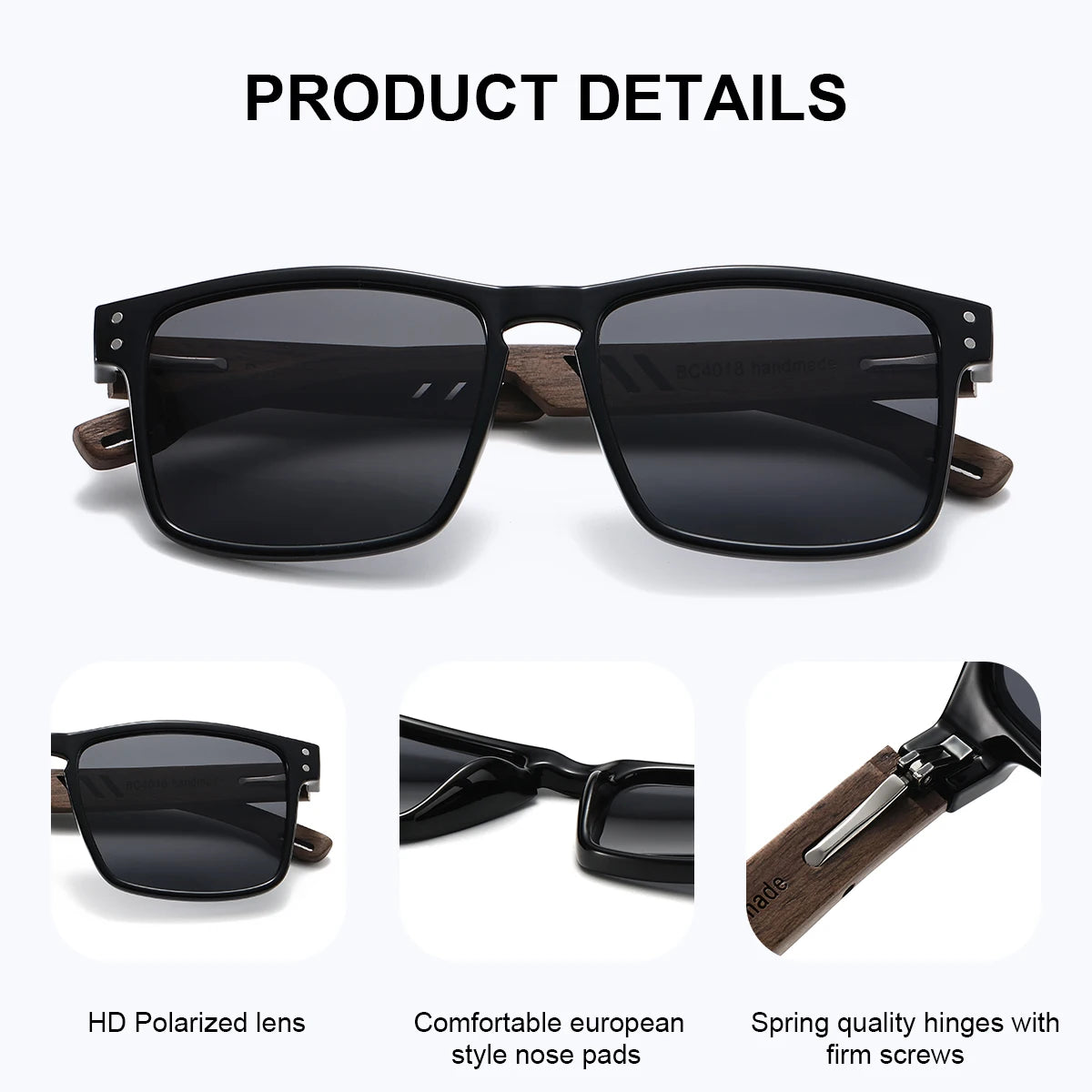 Barcur fashion double round nail polarized sunglasses walnut foot spring hinge pure natural wooden uv women