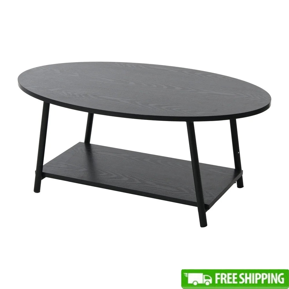 Oval coffee table with storage shelf black oak wood grain durable engineered modern design lightweight easy assembly