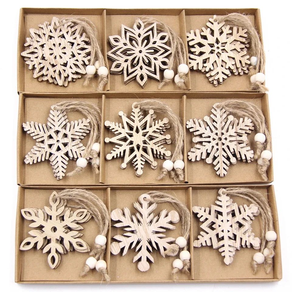 12pcs/box wooden hollow snowflake christmas vintage pendants xmas hanging ornaments for noel tree decorations diy