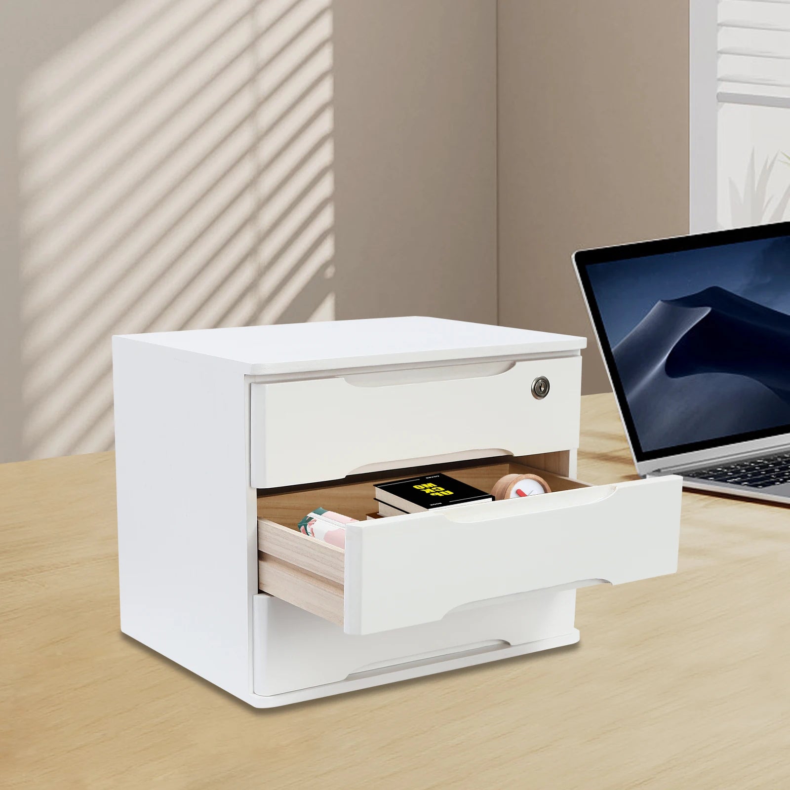 39*30*31cm 3-tier organizer wood desk with 3 drawers lockable desktop countertop storage cabinet for home office white