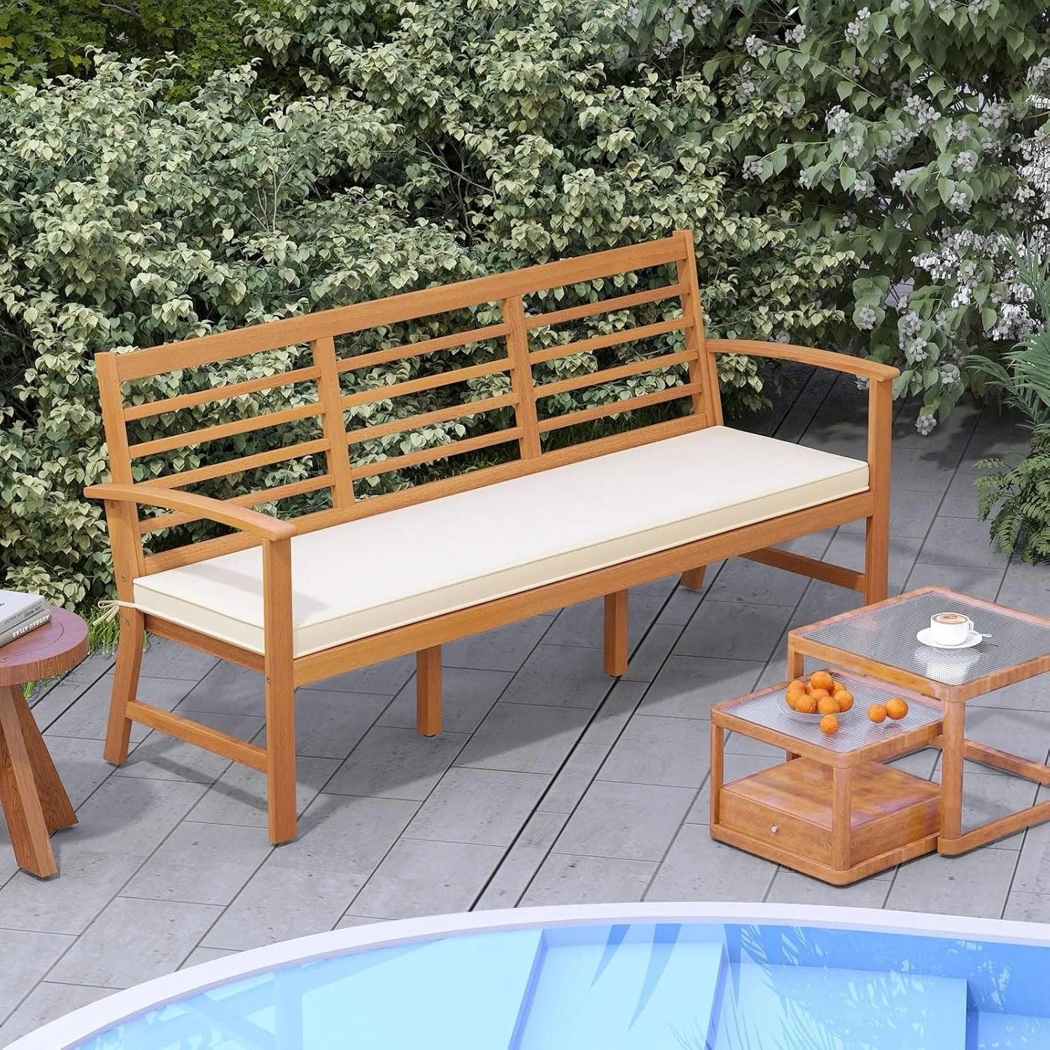 64 inch patio acacia wood bench 3-seat extra long chair with cushion slatted seat & backrest 3-person outdoor - united