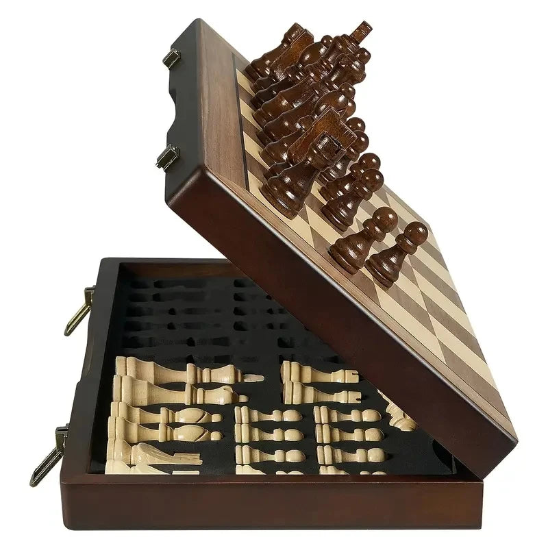 39.3cm/15.47inch magnetic wooden chess set with 2 additional queens folding portable travel board suitable