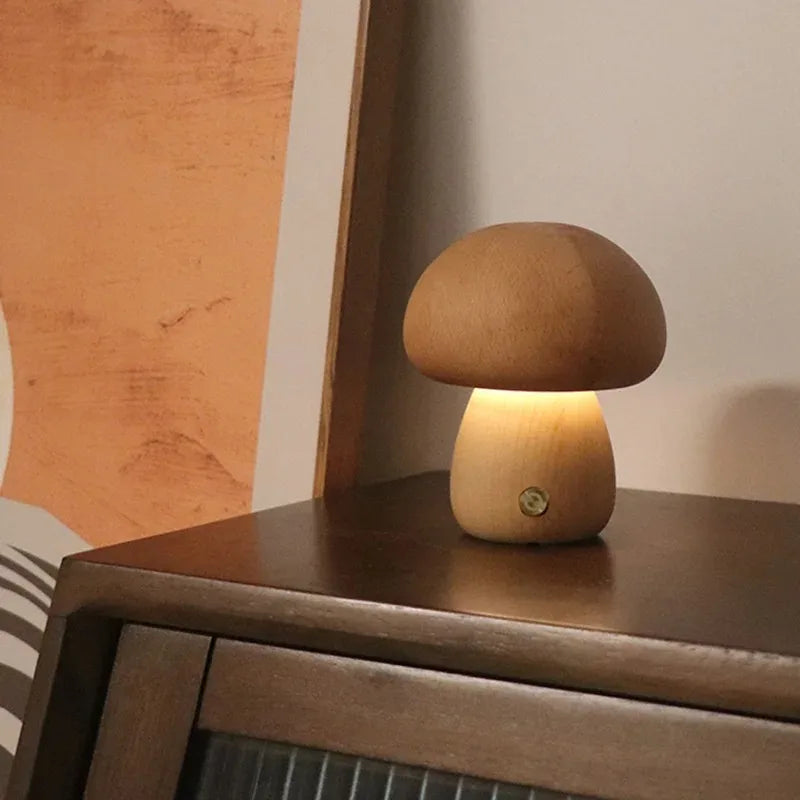 Wooden mushroom lamp portable cordless rechargeable battery operated lamp,stepless dimming night light for birthday