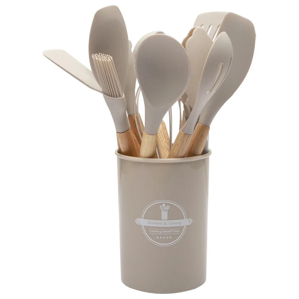 12pcs kitchen utensil set heat-resistant cookware wooden handle with holder spatula spoon brush whisk supplies - khaki