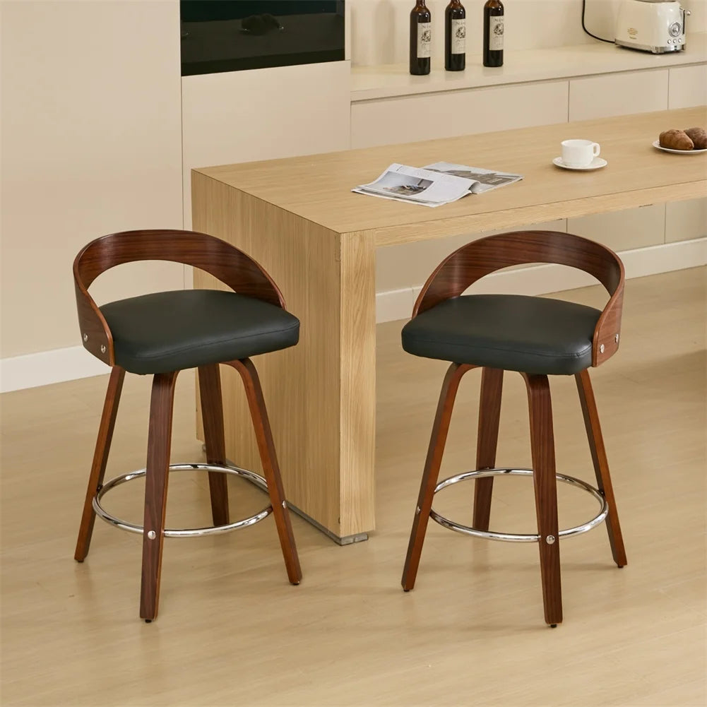 2 pcs bar pub stools set 360-degree swivel barstools with low back wood legs chairs soft cushion seat footrest