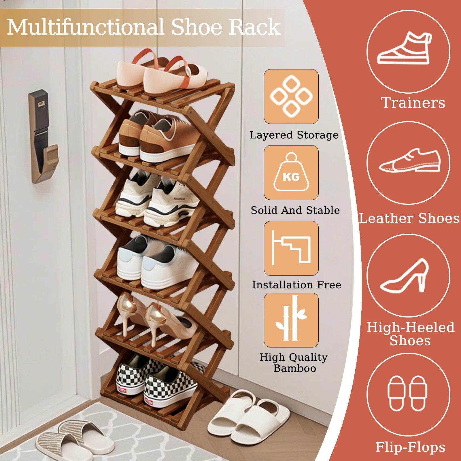 Bamboo folding shoe rack space saving wooden shoes organizer entryway corner shelf stable construction large capacity