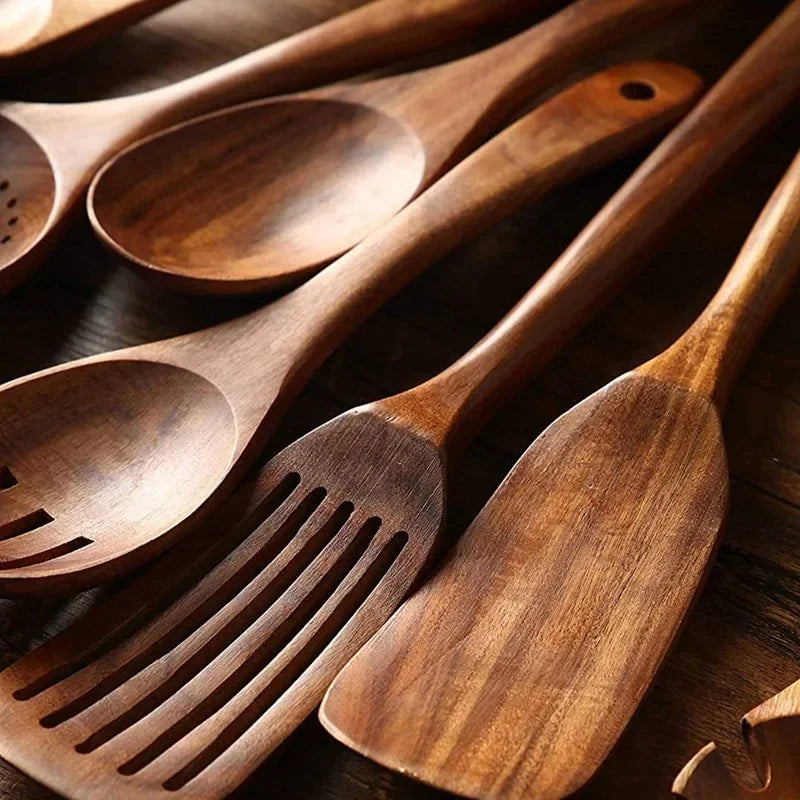 Natural wooden tableware teak wood nanmu spoon extra long leaking soup cooking kitchen utensils