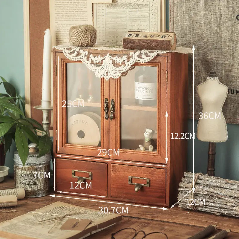 Retro wooden desk storage box multi-layer doll figure display stand desktop drawer type cosmetic jewelry decoration