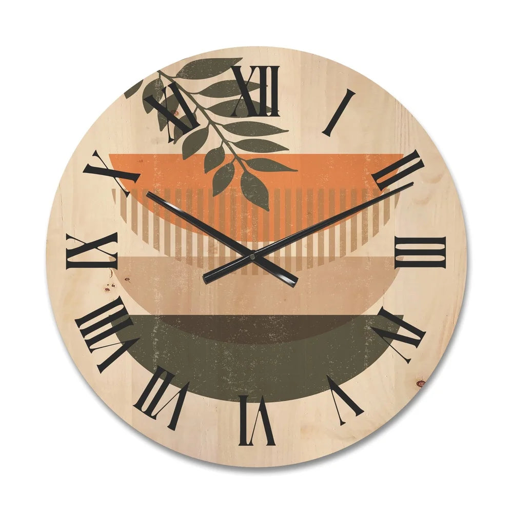 Modern abstract geometrical moon sun leaf wood wall clock home office decor ready to hang natural pine art - united