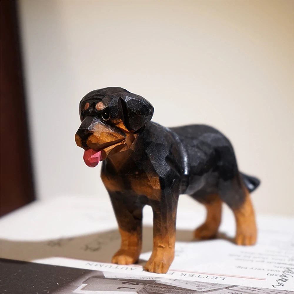 Handcrafted wood carving dog statue rottweiler figurines dog sculpture for room christmas gift handsome realistic