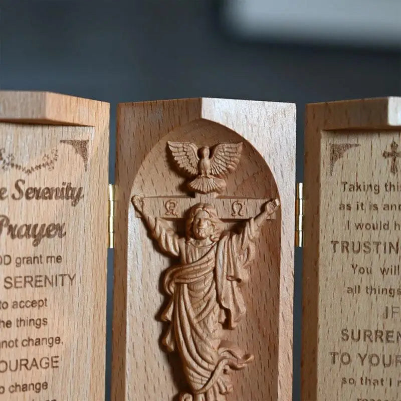 Wooden sculpture nativity family cylinder religious jesus carving serenity prayer christian statue of openable